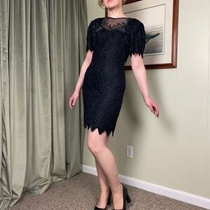 Vintage 80s Denise Elle Black Beaded Dress, size petite S - GUC